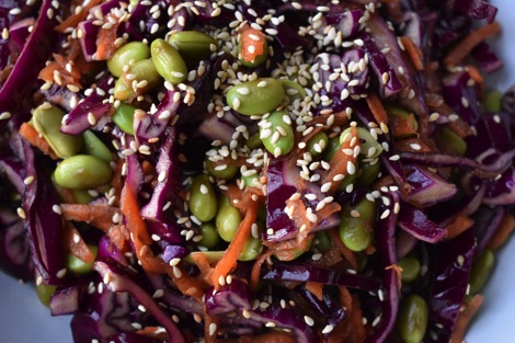 Red cabbage and edamame beans